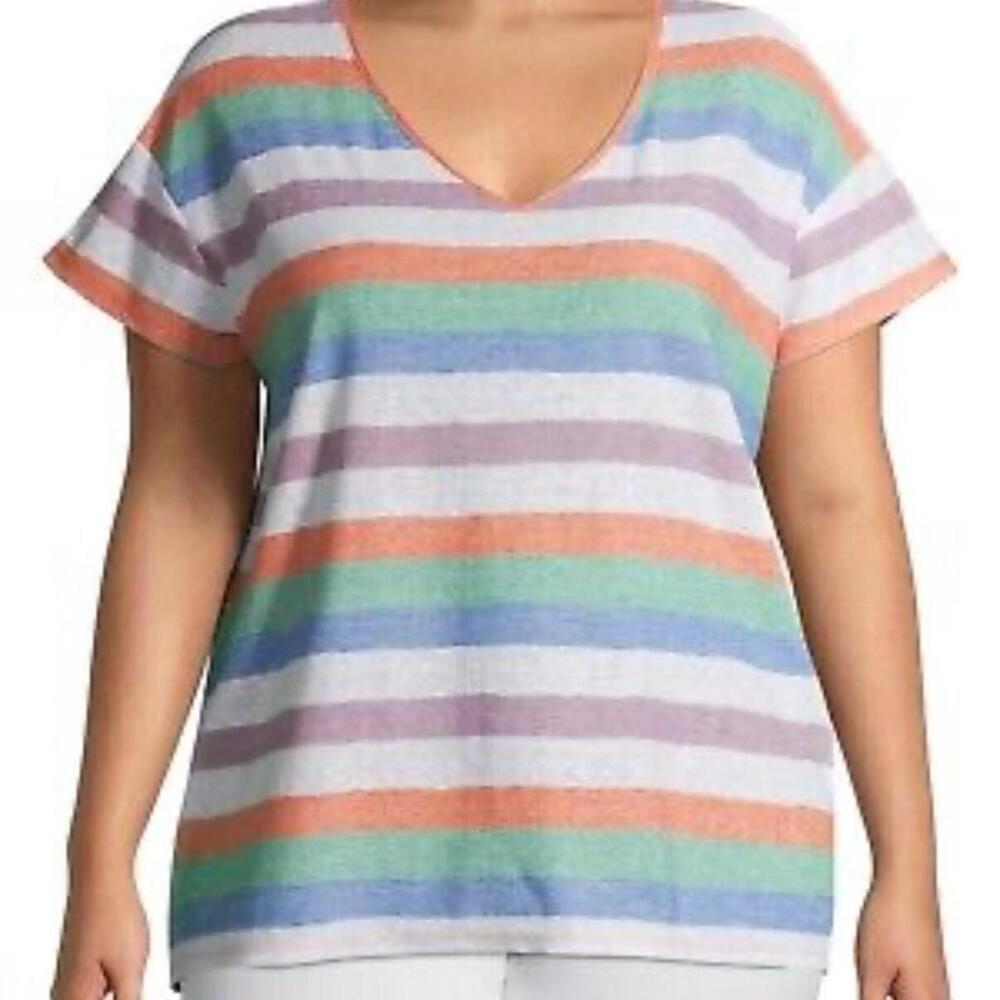 terra & sky - Wide Pastel Stripe Cap Sleeve V Neck Tee Shirt 1X